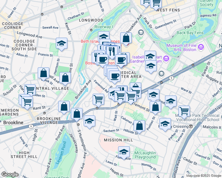 map of restaurants, bars, coffee shops, grocery stores, and more near 44 Francis Street in Boston