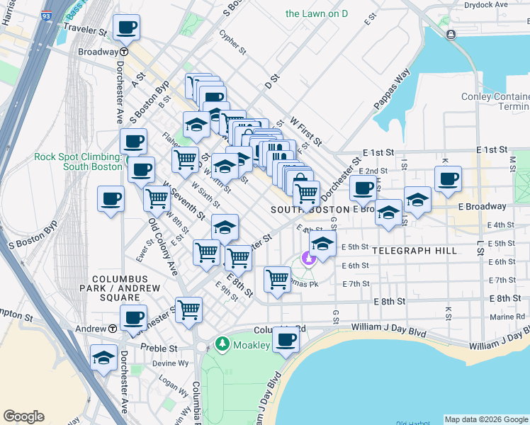 map of restaurants, bars, coffee shops, grocery stores, and more near 104 F Street in Boston