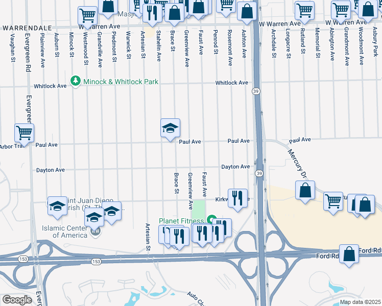 map of restaurants, bars, coffee shops, grocery stores, and more near in Detroit