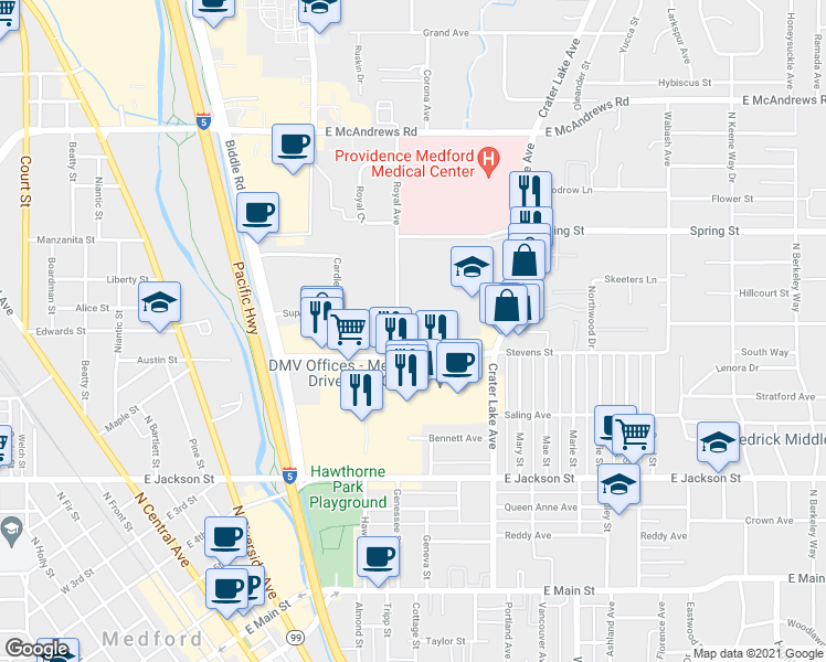 map of restaurants, bars, coffee shops, grocery stores, and more near 737 Stevens Street in Medford