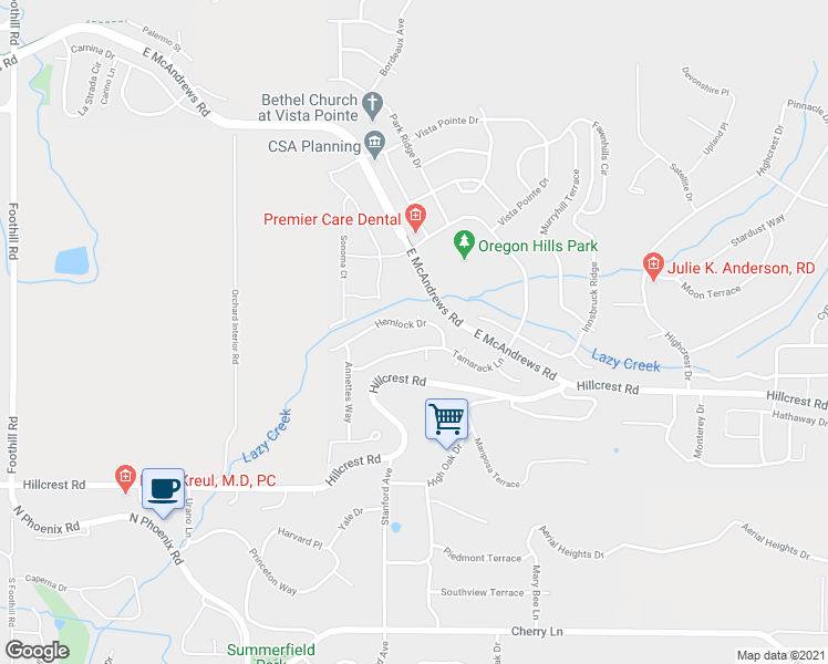 map of restaurants, bars, coffee shops, grocery stores, and more near 4156 Hemlock Drive in Medford
