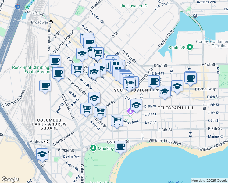 map of restaurants, bars, coffee shops, grocery stores, and more near 293 Silver Street in Boston