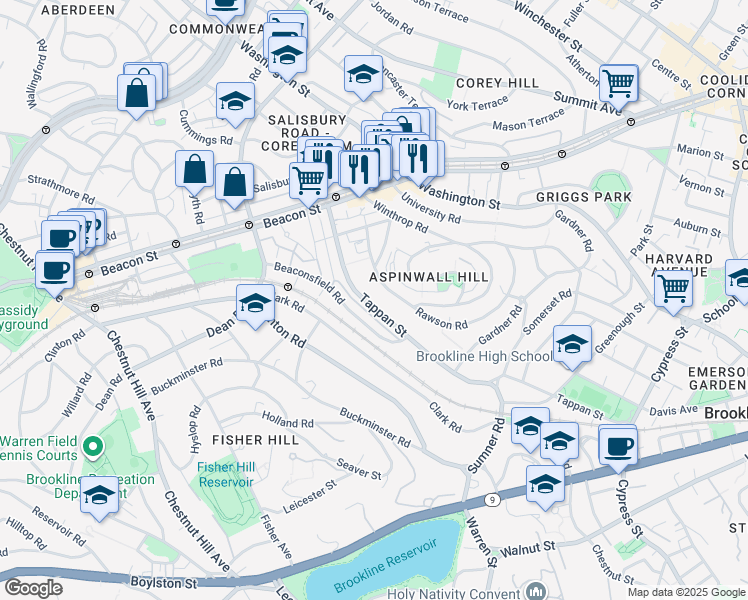 map of restaurants, bars, coffee shops, grocery stores, and more near 299 Tappan Street in Brookline