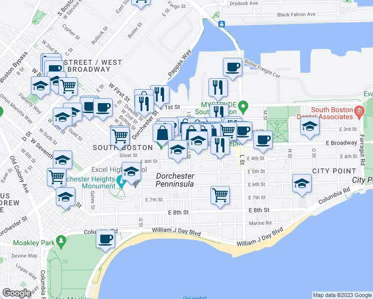 map of restaurants, bars, coffee shops, grocery stores, and more near in Boston
