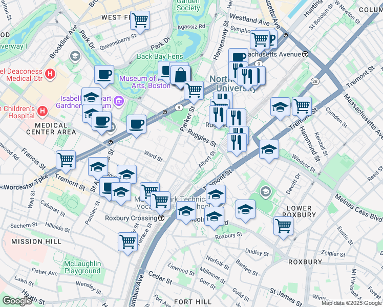 map of restaurants, bars, coffee shops, grocery stores, and more near Annunciation Road in Boston