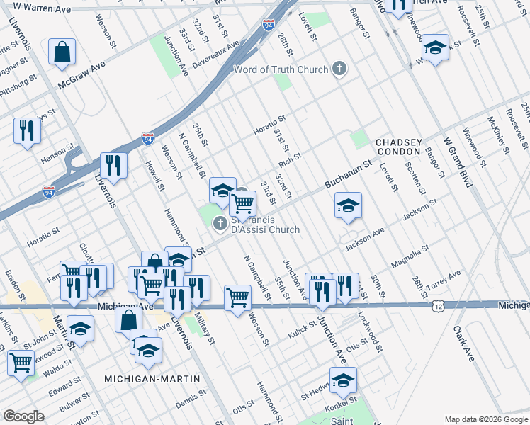 map of restaurants, bars, coffee shops, grocery stores, and more near 4458 Junction Avenue in Detroit