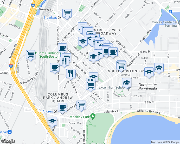 map of restaurants, bars, coffee shops, grocery stores, and more near 156 Tudor Street in Boston