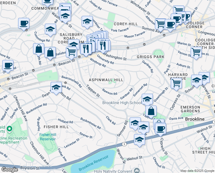 map of restaurants, bars, coffee shops, grocery stores, and more near 78 Addington Road in Brookline