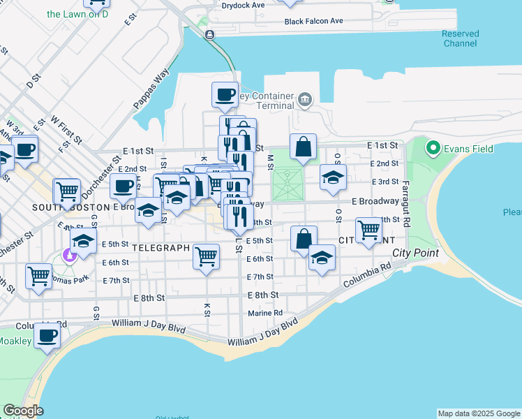 map of restaurants, bars, coffee shops, grocery stores, and more near 784 East Broadway in Boston