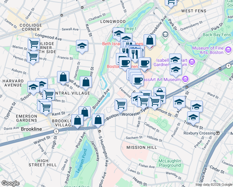 map of restaurants, bars, coffee shops, grocery stores, and more near 91 Vining Street in Boston