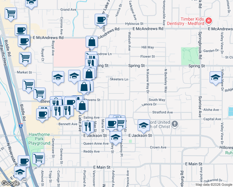 map of restaurants, bars, coffee shops, grocery stores, and more near 727 Rocky Road Drive in Medford