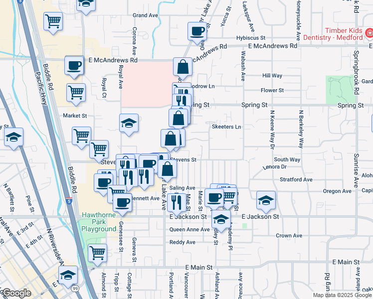 map of restaurants, bars, coffee shops, grocery stores, and more near 700 Crater Lake Avenue in Medford