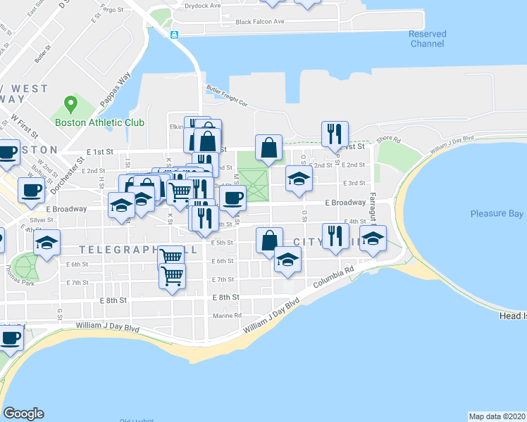 map of restaurants, bars, coffee shops, grocery stores, and more near in Boston