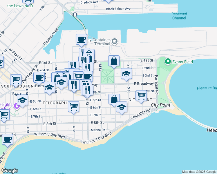 map of restaurants, bars, coffee shops, grocery stores, and more near 775 East 1st Street in Boston