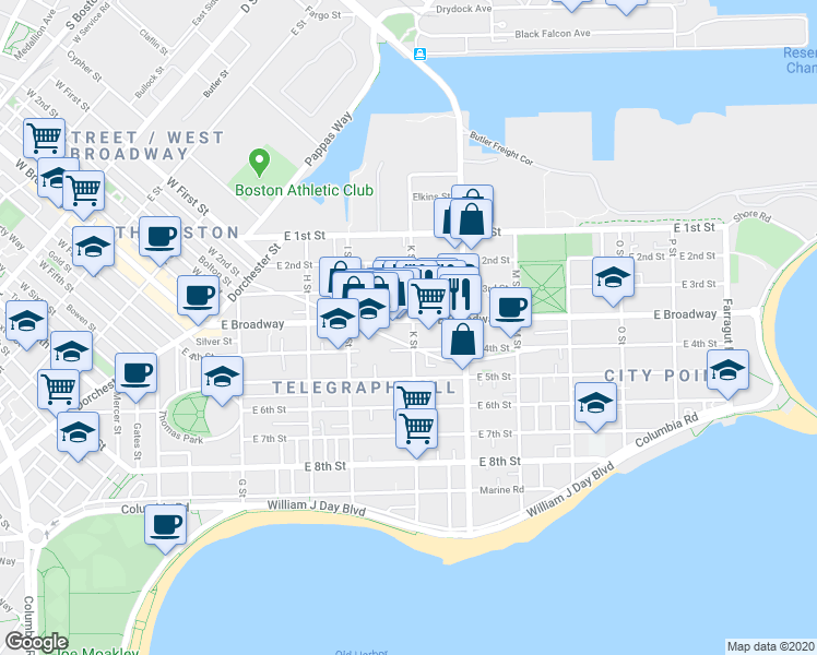 map of restaurants, bars, coffee shops, grocery stores, and more near 3 K Street Place in Boston