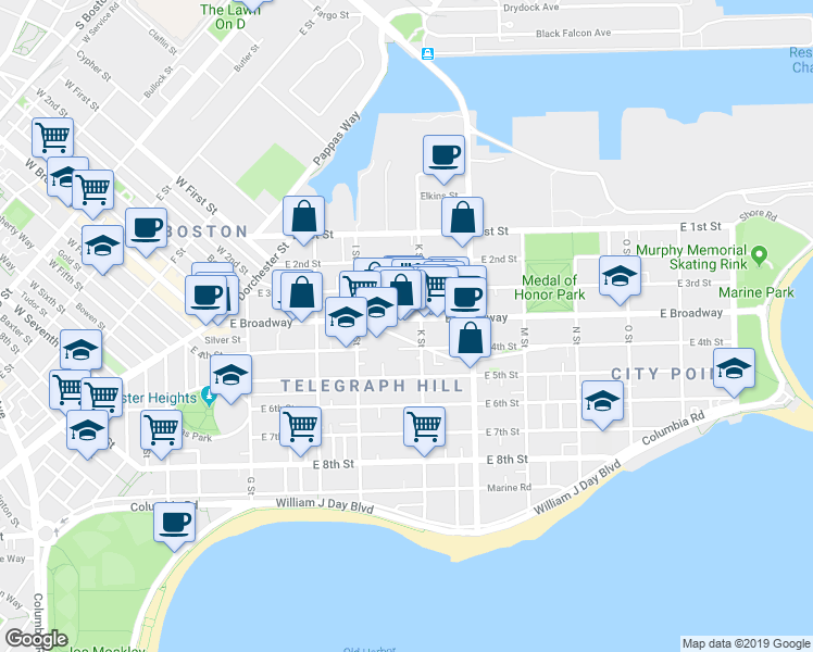 map of restaurants, bars, coffee shops, grocery stores, and more near 646 East Broadway in Boston