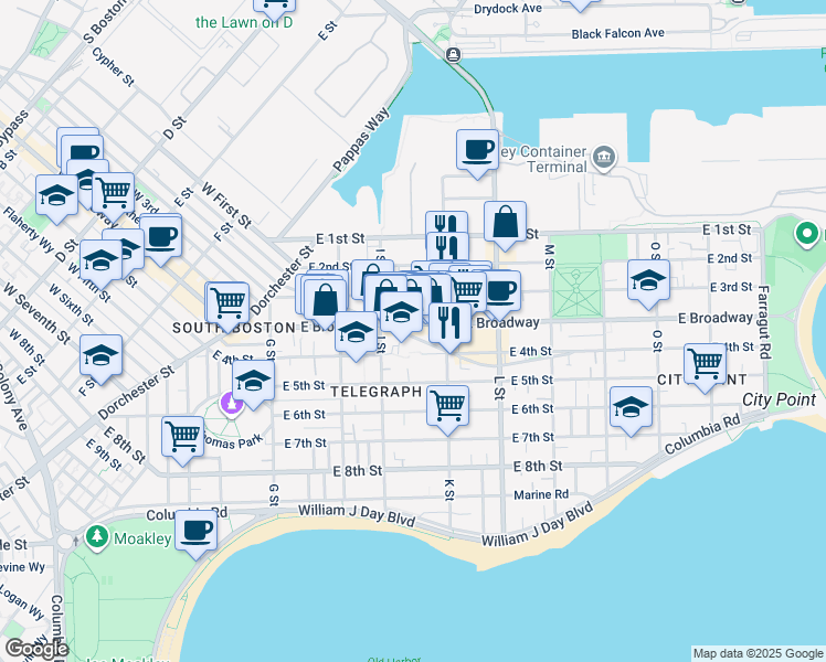 map of restaurants, bars, coffee shops, grocery stores, and more near 646 East Broadway in Boston