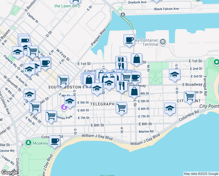 map of restaurants, bars, coffee shops, grocery stores, and more near 646 East Broadway in Boston