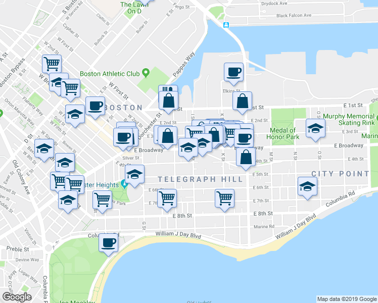 map of restaurants, bars, coffee shops, grocery stores, and more near in Boston