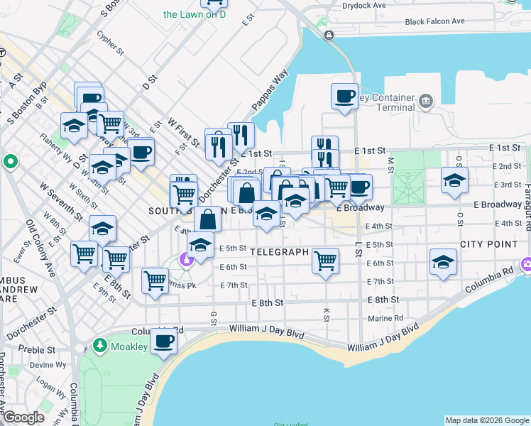 map of restaurants, bars, coffee shops, grocery stores, and more near 60 H Street in Boston