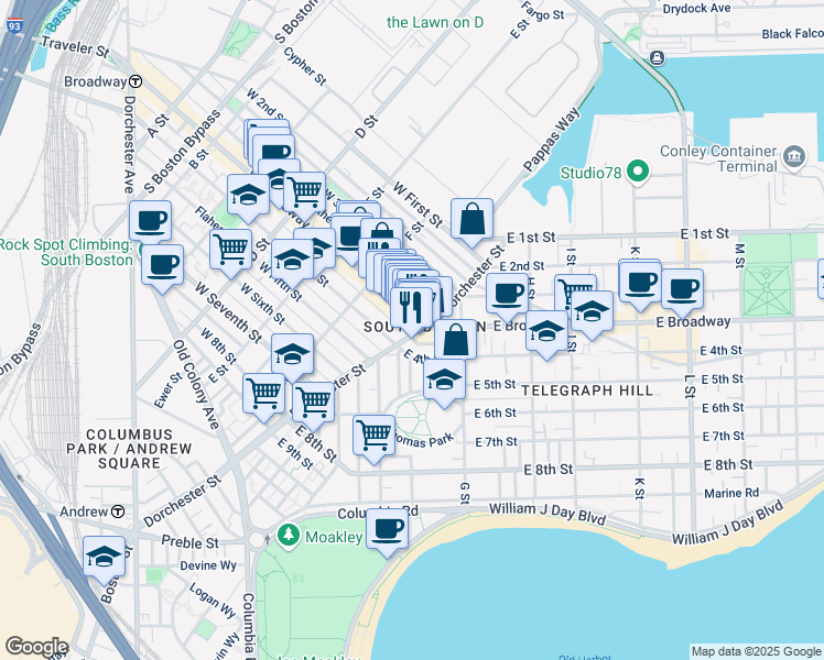 map of restaurants, bars, coffee shops, grocery stores, and more near in Boston