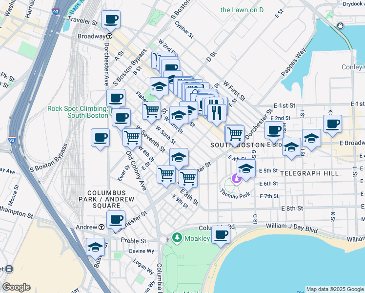 map of restaurants, bars, coffee shops, grocery stores, and more near 223 West Fifth Street in Boston