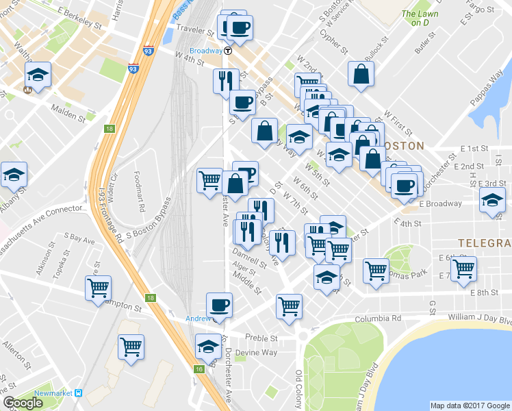 map of restaurants, bars, coffee shops, grocery stores, and more near 84 West 8th Street in Boston