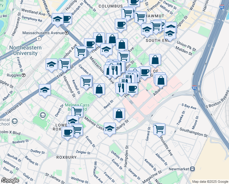 map of restaurants, bars, coffee shops, grocery stores, and more near 668 Massachusetts Avenue in Boston
