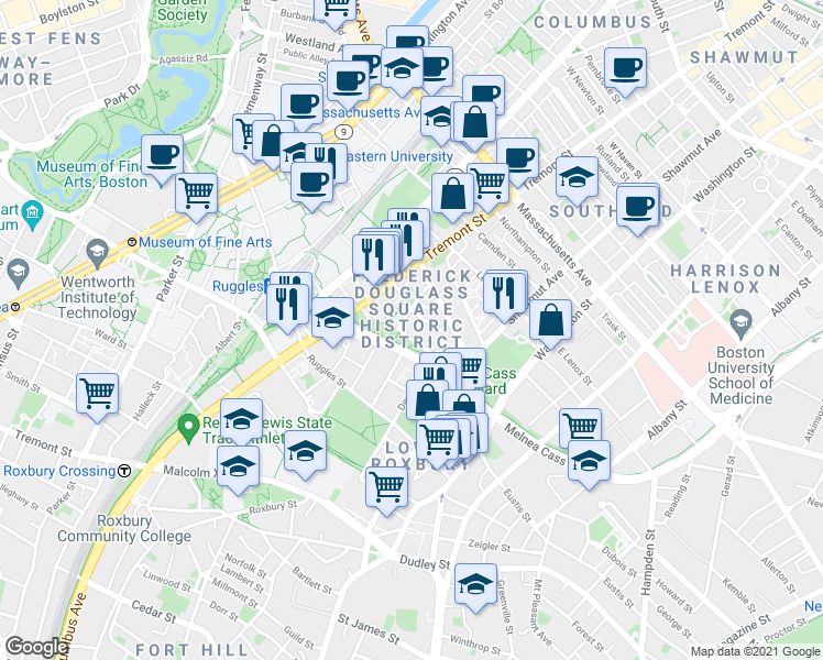 map of restaurants, bars, coffee shops, grocery stores, and more near 49 Warwick Street in Boston