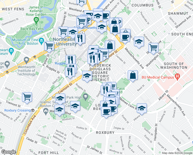 map of restaurants, bars, coffee shops, grocery stores, and more near 1030-1070 Tremont Street in Boston