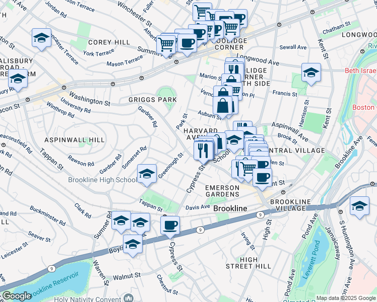 map of restaurants, bars, coffee shops, grocery stores, and more near in Brookline