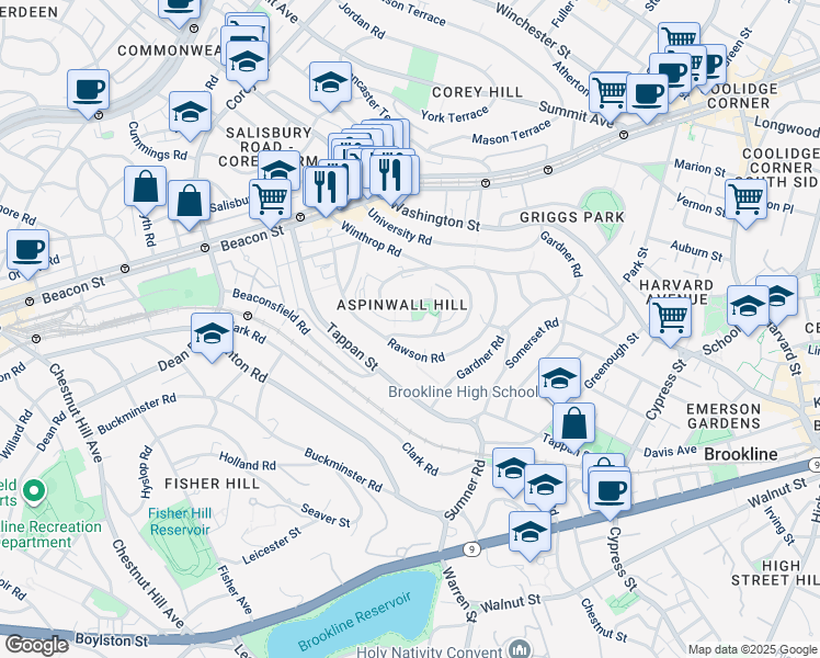 map of restaurants, bars, coffee shops, grocery stores, and more near 78 Addington Road in Brookline