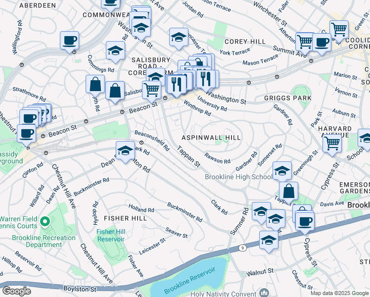 map of restaurants, bars, coffee shops, grocery stores, and more near 185 Rawson Road in Brookline