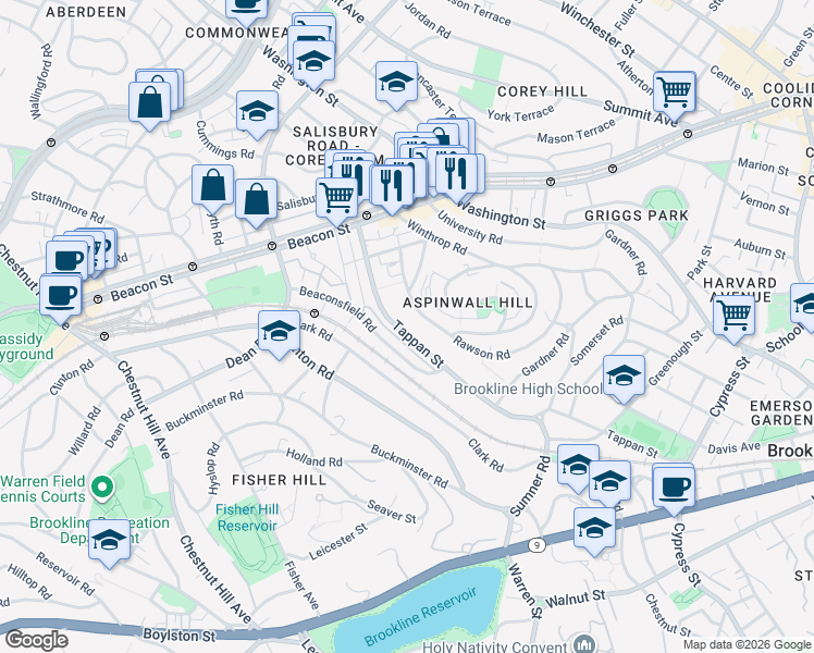 map of restaurants, bars, coffee shops, grocery stores, and more near 299 Tappan Street in Brookline