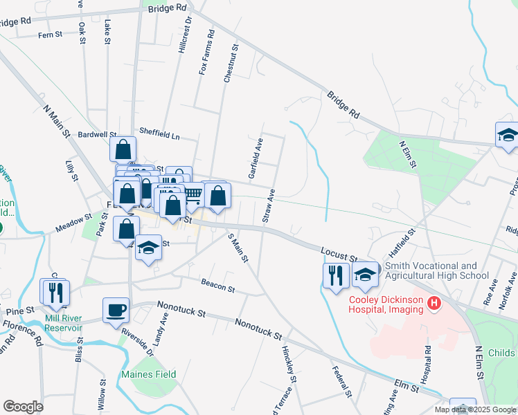 map of restaurants, bars, coffee shops, grocery stores, and more near 24 High Street in Northampton