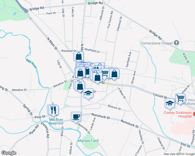 map of restaurants, bars, coffee shops, grocery stores, and more near 45 Main Street in Northampton