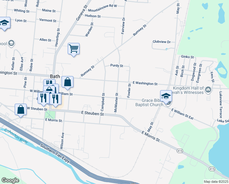 map of restaurants, bars, coffee shops, grocery stores, and more near 208 East Washington Street in Bath