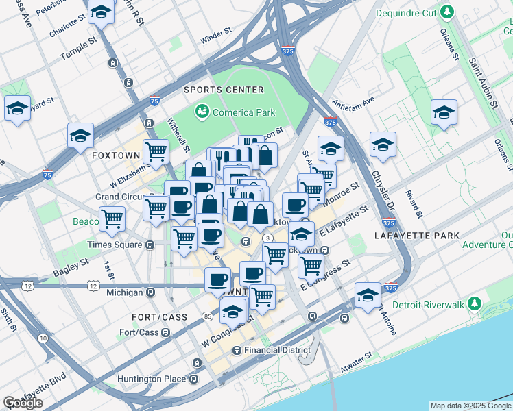 map of restaurants, bars, coffee shops, grocery stores, and more near 1475 Randolph Street in Detroit