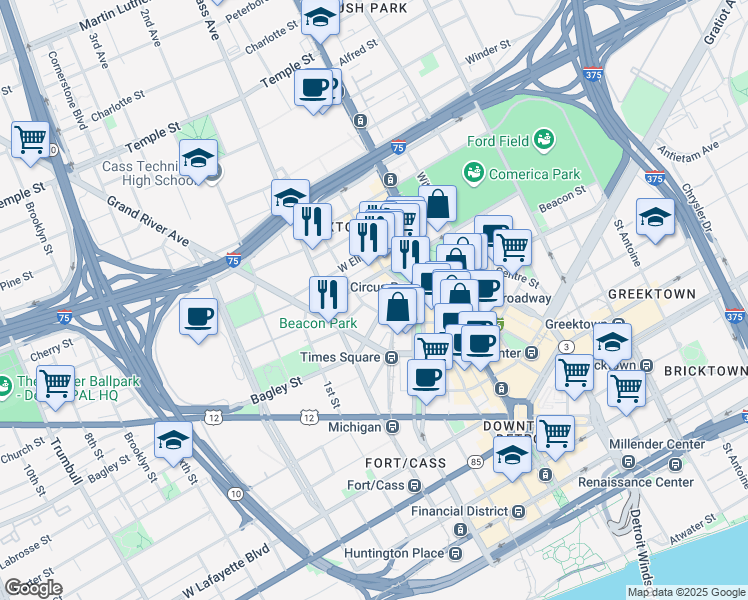 map of restaurants, bars, coffee shops, grocery stores, and more near 2001 Park Avenue in Detroit