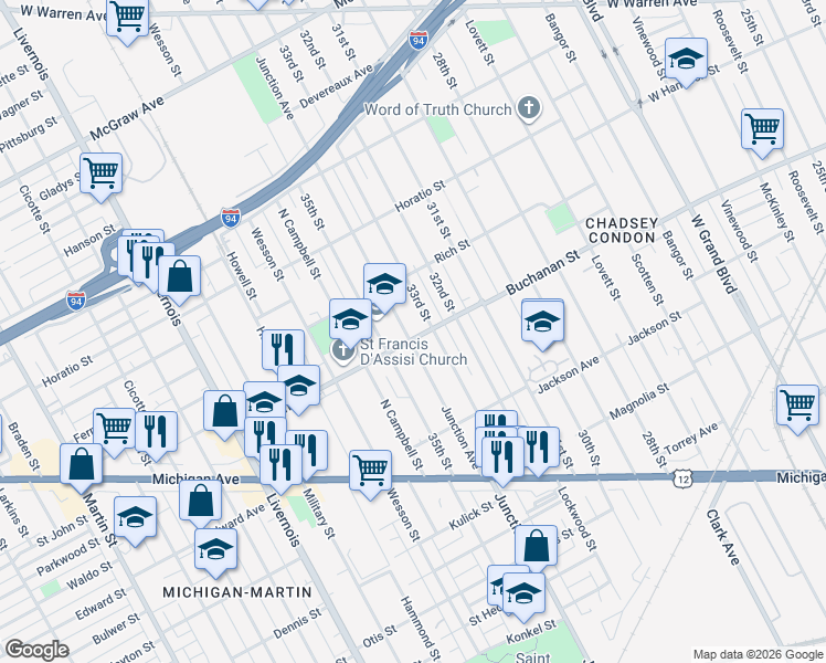 map of restaurants, bars, coffee shops, grocery stores, and more near 4458 Junction Avenue in Detroit