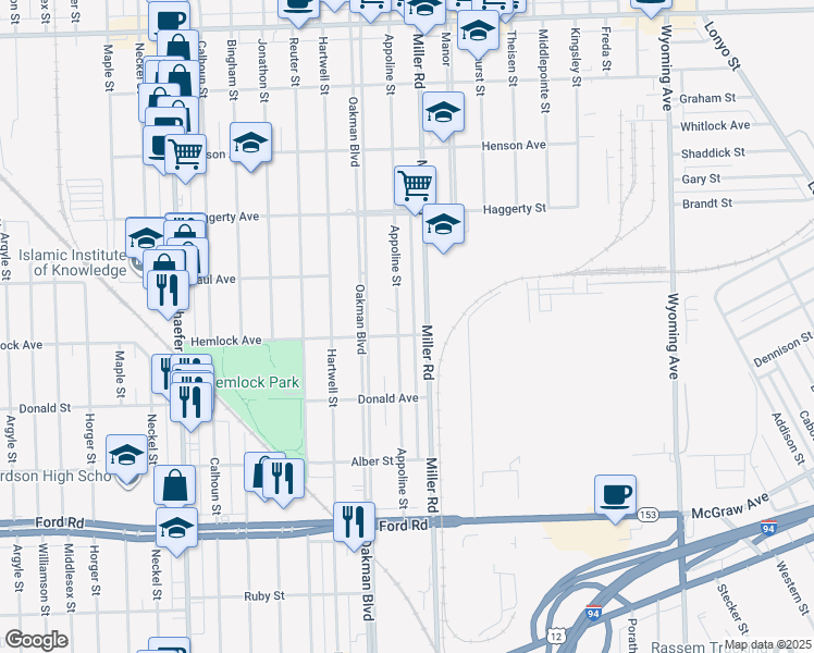 map of restaurants, bars, coffee shops, grocery stores, and more near 6300 Appoline Street in Dearborn