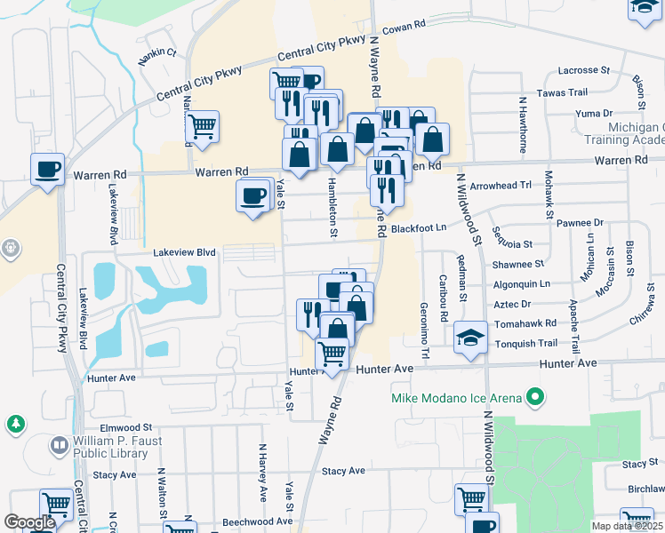 map of restaurants, bars, coffee shops, grocery stores, and more near 35105 Lewis Street in Westland