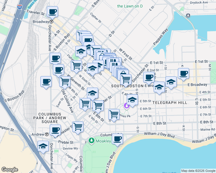 map of restaurants, bars, coffee shops, grocery stores, and more near 104 F Street in Boston