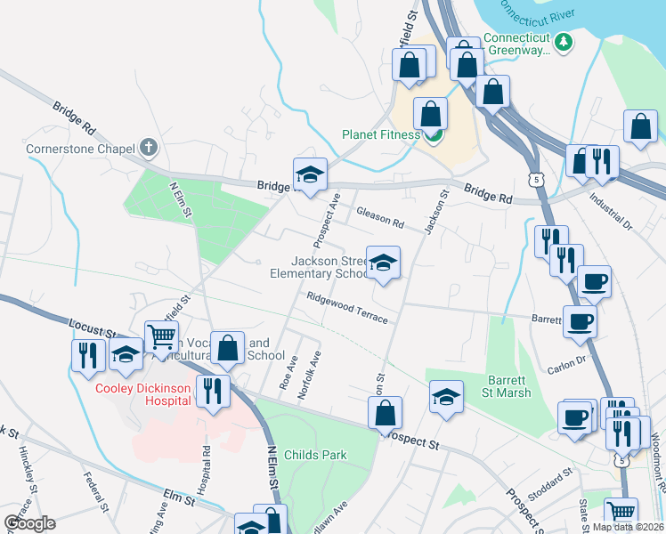 map of restaurants, bars, coffee shops, grocery stores, and more near 157 Prospect Avenue in Northampton