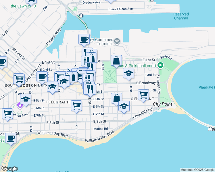 map of restaurants, bars, coffee shops, grocery stores, and more near 775 East 1st Street in Boston