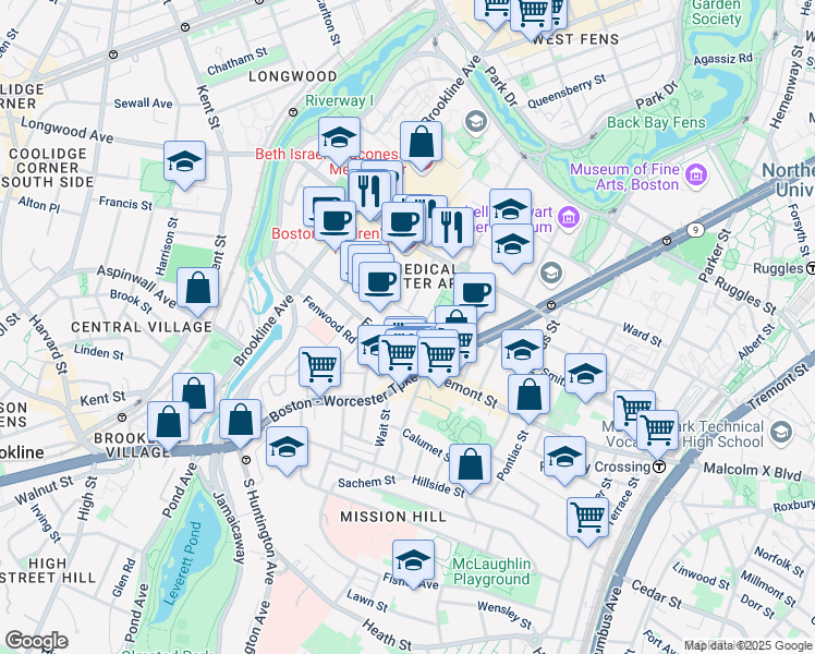 map of restaurants, bars, coffee shops, grocery stores, and more near 18 Shattuck Street in Boston