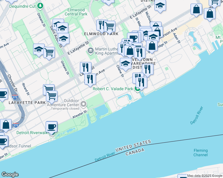 map of restaurants, bars, coffee shops, grocery stores, and more near 234 Dubois Street in Detroit