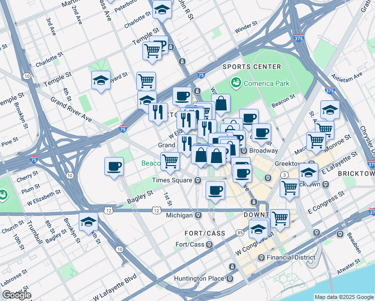 map of restaurants, bars, coffee shops, grocery stores, and more near 150 Bagley Street in Detroit