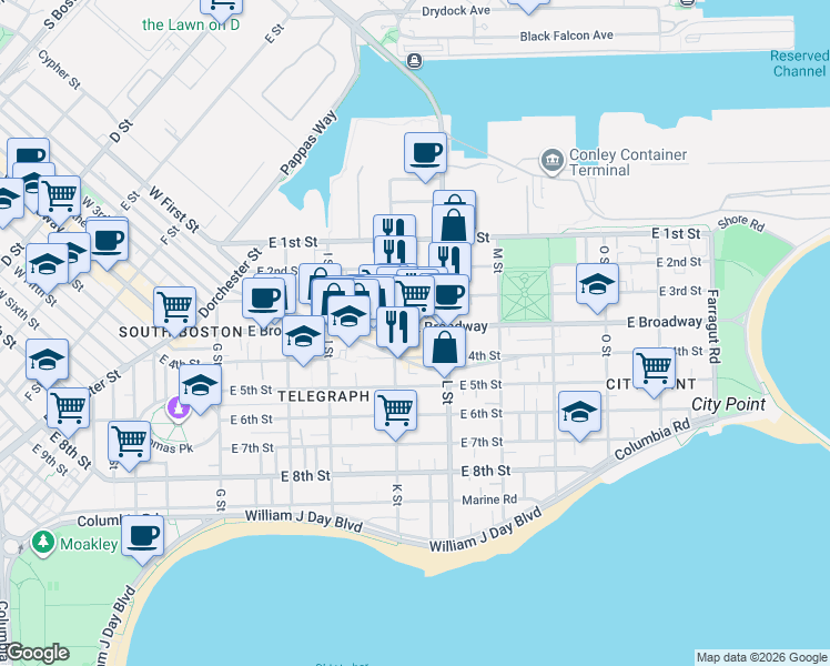 map of restaurants, bars, coffee shops, grocery stores, and more near 713 East Broadway in Boston