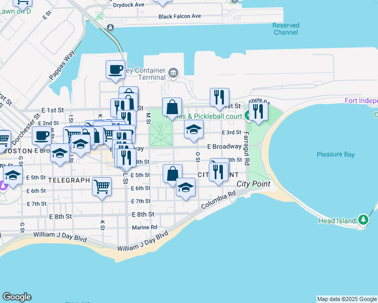 map of restaurants, bars, coffee shops, grocery stores, and more near 866 East Broadway in Boston